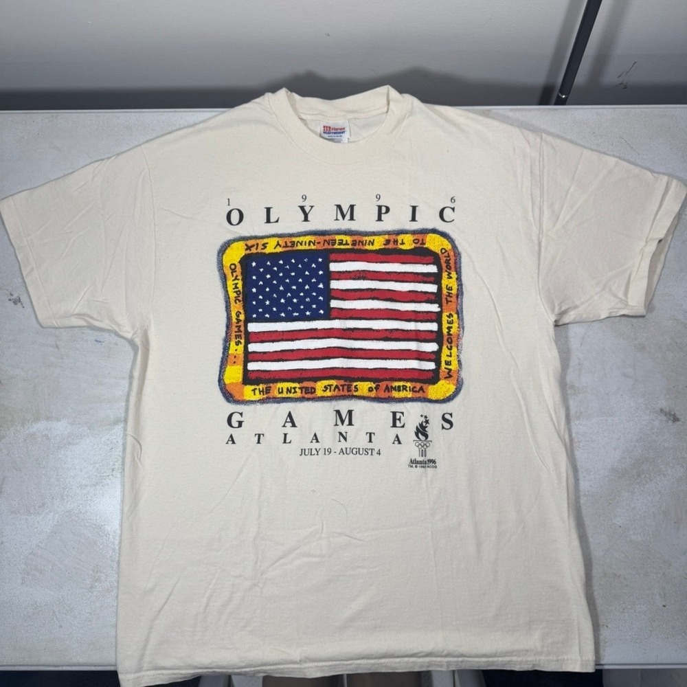 Vintage 1996 Atlanta Olympic Games T-Shirt Hanes Heavyweight Cream Mens XL